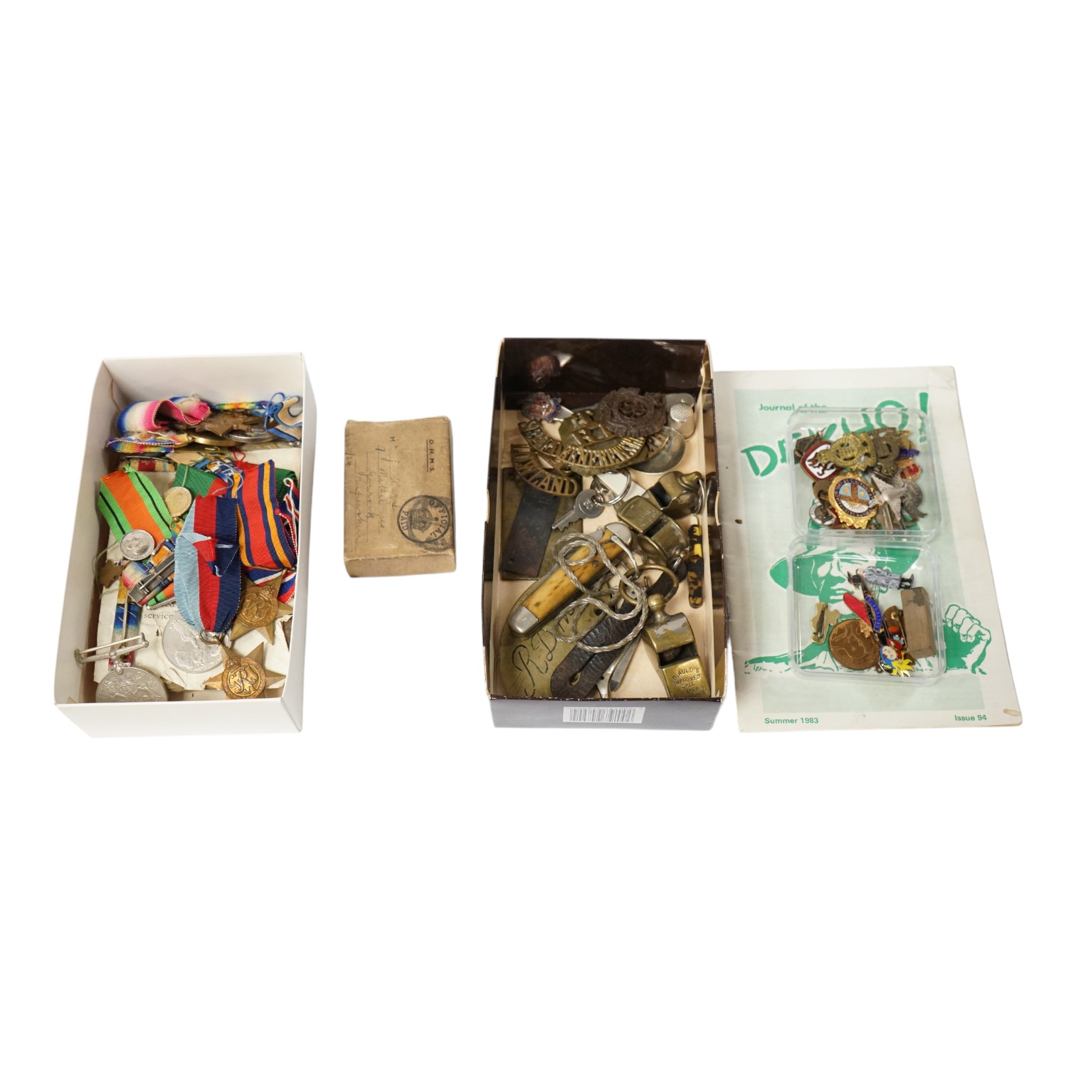 A collection of military medals, shoulder titles, whistles, etc. including; a WWI medal trio to 19698 PTE. T. Campbell. 10-CAN. INF., a miniature trio, four WWII medals; the Burma Star, the 1939-1945 Star, the Defence Me